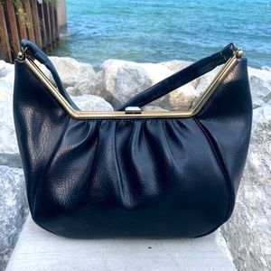 VINTAGE Navy Blue Hobo Handbag Silver Clasp Purse